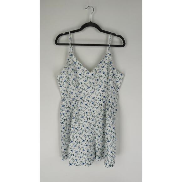 Aqua Womens Linen Blend Sleeveless Floral Print V Neck Romper SIze XL White Blue - Picture 3 of 11